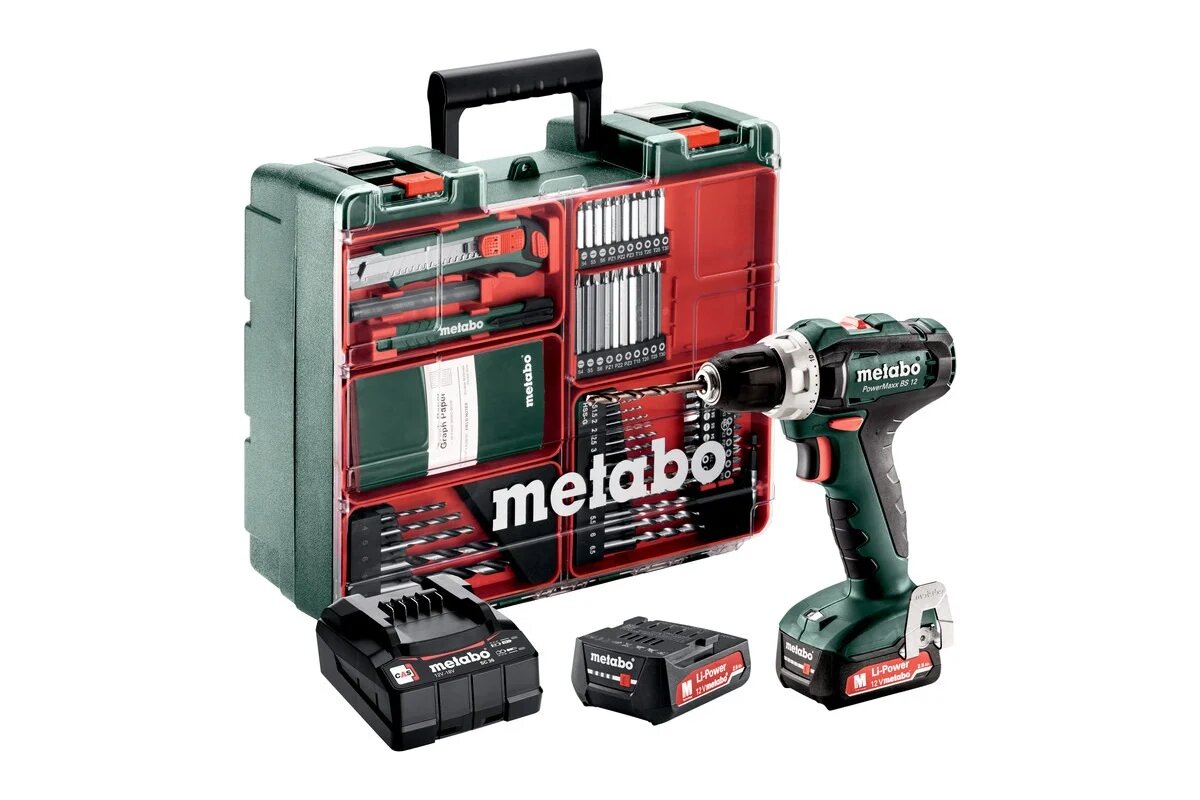 Аккумуляторная дрель-шуруповерт Metabo PowerMaxx BS 12 Set, 40 Нм, Li-Ion, зеленый