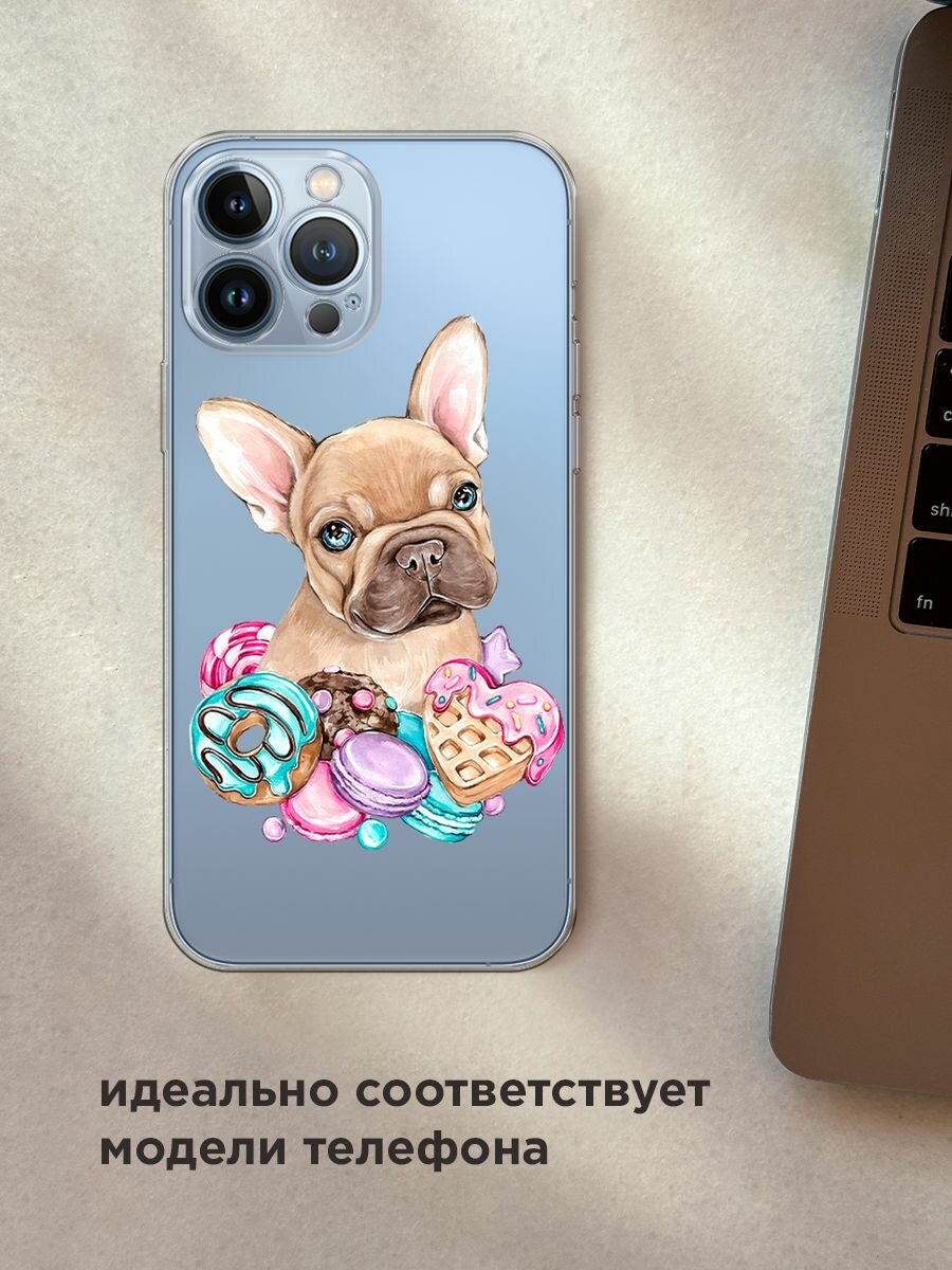 Чехол на Apple iPhone 13 Pro Max / Айфон 13 Про Макс с принтом "Бульдог и сладости", прозрачный — фото 1