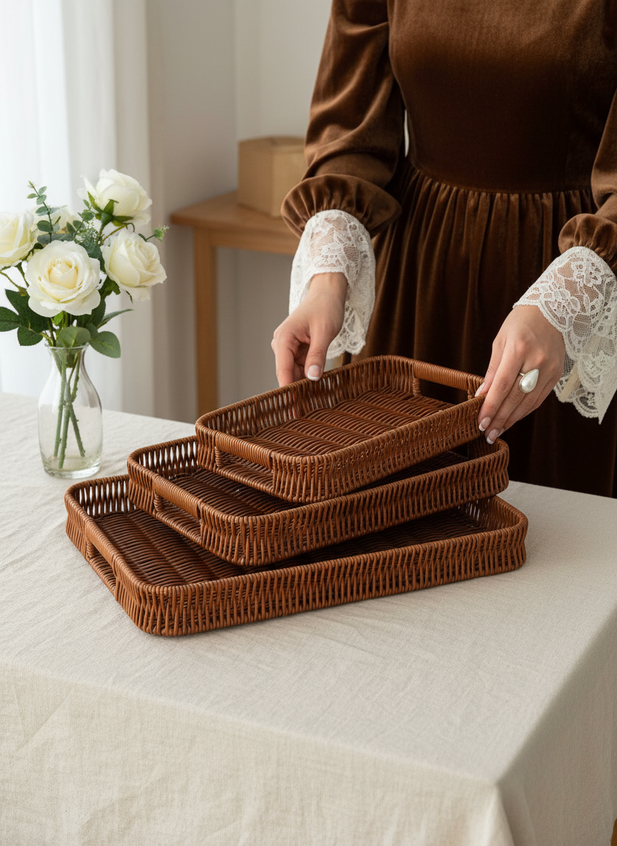 Подносы LEE HOUSE, из искусственного ротанга, декоративные, коричневые, 3шт. — фото 1