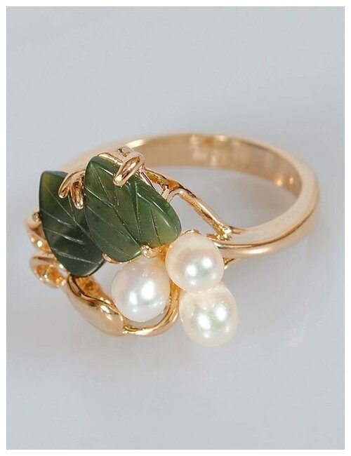 Кольцо помолвочное Lotus Jewelry, нефрит, жемчуг культивированный, размер 15, белый, зеленый