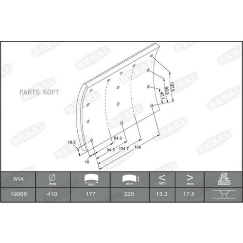 BERAL KBL1906801550 KBL19068.0-1550_накладки тормозные STD ! без закл.19940 18.0-13.5(410x223)(93680 /L8.5 6.35x13.5 96)\