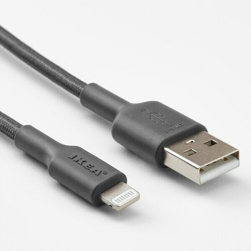 Кабель USB-A - Lightning, для IPHONE, IKEA LILLHULT, серый, 1.5 м.