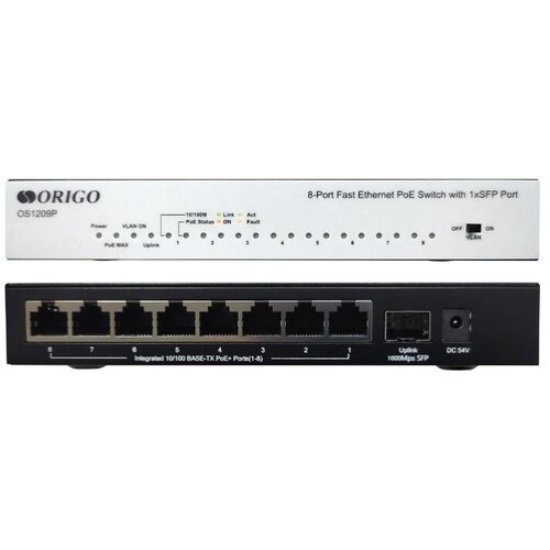 ORIGO OS1209P/A1A Неуправляемый PoE-коммутатор 8x100Base-TX PoE+, 1x1000Base-X SFP, PoE-бюджет 80 Вт, корпус металл