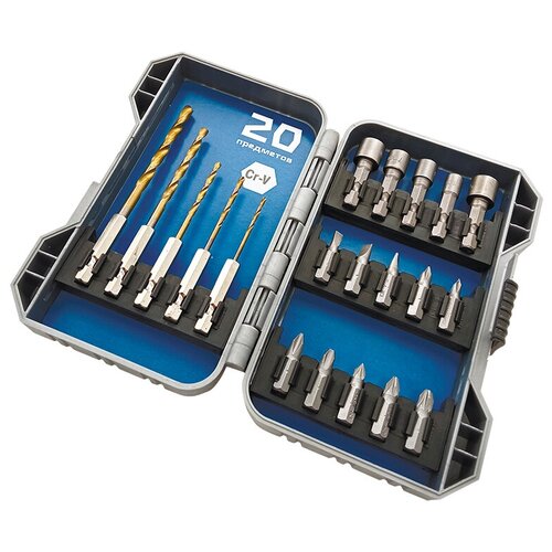Набор бит CrV, свёрл HSS/TIN и торцевых головок CrV пласт. бокс, 20 предметов
