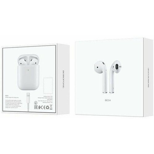 Наушники беспроводные BT ver50 BOROFONE BE34 вкладыши с микрофоном кейс 350mAh белый 20120 225000₽
