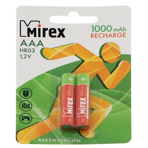 Аккумулятор Mirex, Ni-Mh, AAA, HR03-2BL, 1.2В, 1000 мАч, блистер, 2 шт. эра аккумуляторная батарея hr03 2bl 1000mah