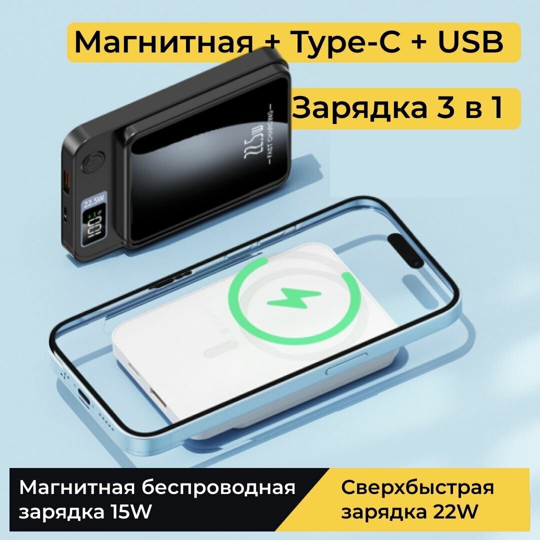 Магнитный беспроводный быстрый портативный аккумулятор LuxeWire 10000 мАч с зарядкой на 3 устройства, белый