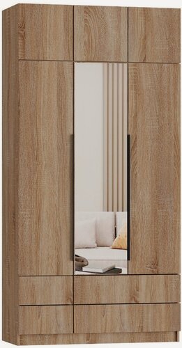 Изображение товара Шкаф для одежды, распашной Эрик 3, Легкомаркет, с ящиками, 140х55х240, дуб сонома, платье/белье/платье, с зеркалом