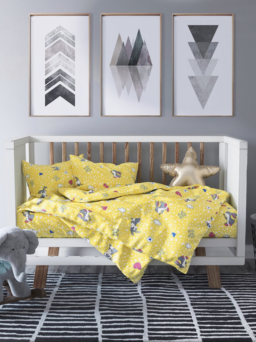 Комплект постельного белья Детский в кроватку Galtex Зайки серые бело-желтый
