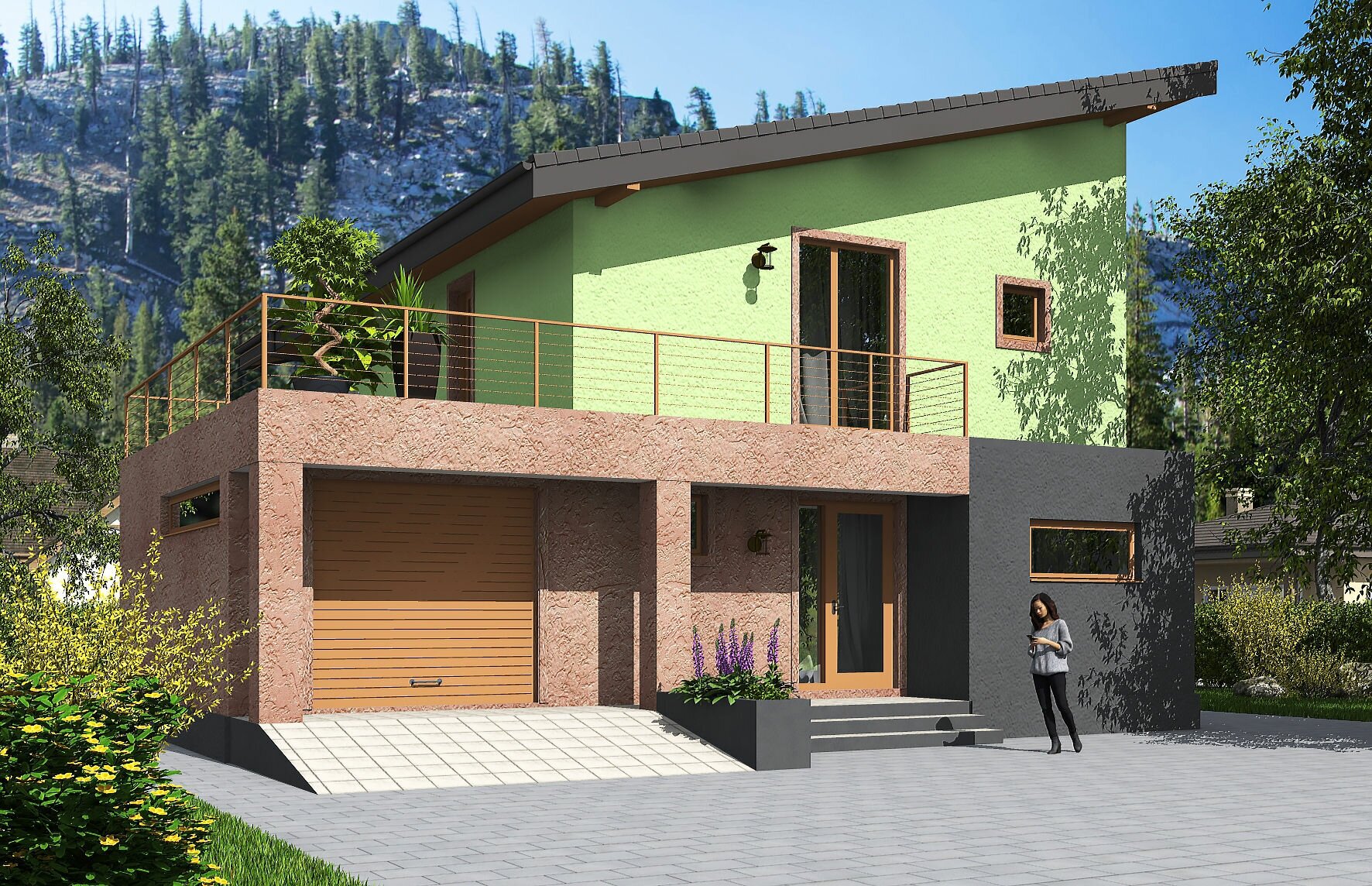 Одноэтажный жилой дом с мансардой, террасой, гаражом и балконом (157 м2, 11м x 12м) Rg5598