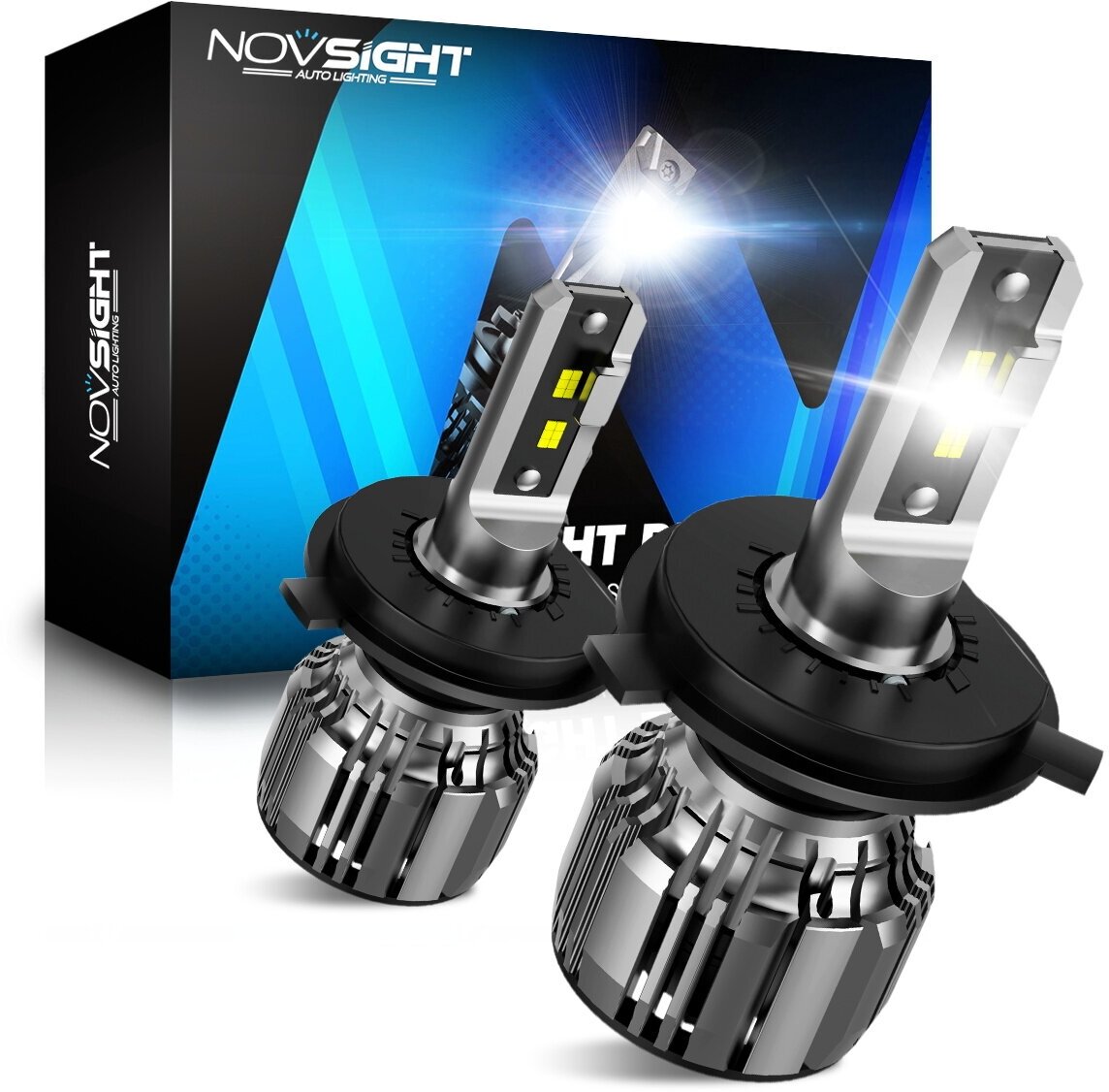 Светодиодная лампа Novsight N71 H4 цоколь P43t 60Вт 2шт 6500К 16000Лм белый свет LED автомобильная