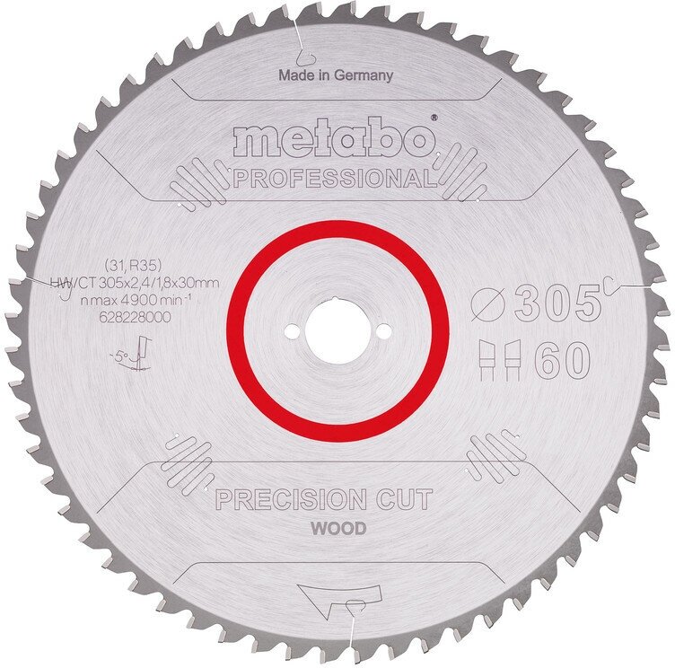 Пильный диск по древесине Metabo «PRECISION CUT WOOD — PROFESSIONAL», 305X30, Z60 WZ 5° NEG. (628228000)