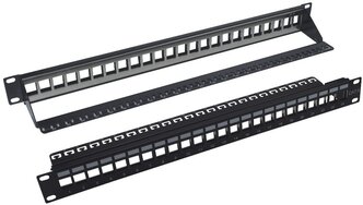 Патч-панель наборная 19 NEOMAX [NM-BPP-1U24P-UB-101-BK] 1U, 24 порта, UTP, с кабельным организатором, цвет черный