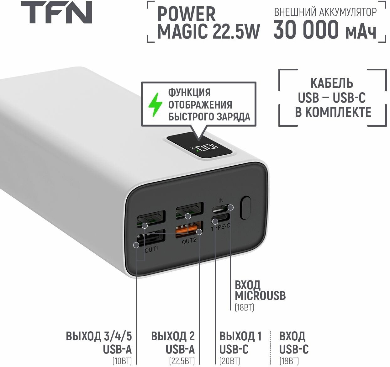 Внешний аккумулятор TFN Power Magic 30000mAh White (TFN-PB-293-WH)