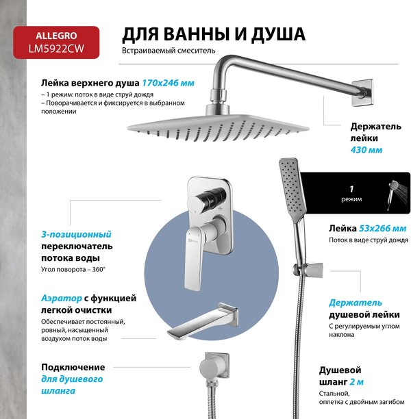 Смеситель Lemark Allegro LM5922CW для ванны и душа, встраиваемый