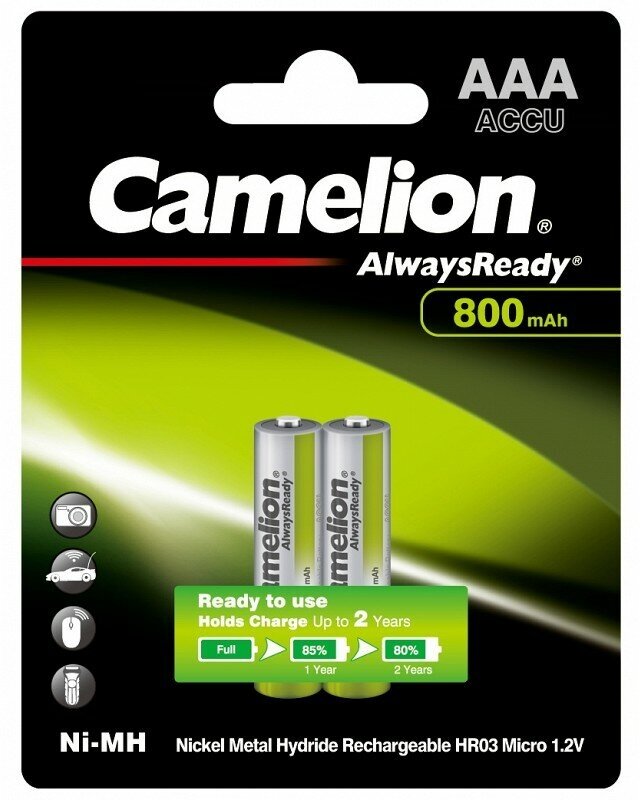Camelion Always Ready AAA- 800mAh Ni-Mh BL-2 (NH-AAA800ARBP2, аккумулятор, 1.2В) (упак. 2 шт.), цена за 1 упак.