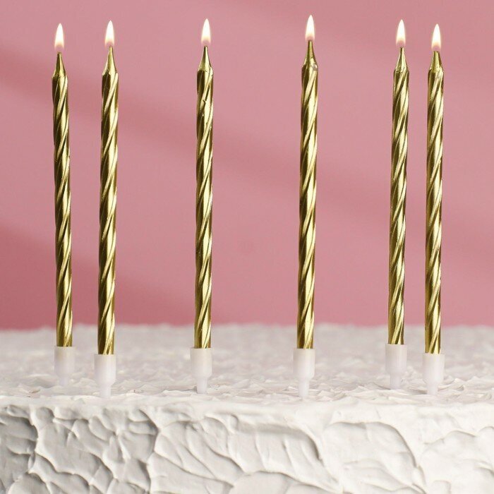 Свечи для торта Страна Карнавалия "Металлик", с подставкой, золотистые, 14 см, 6 шт