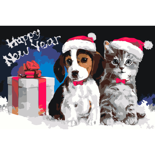 Картина по номерам Новогодние котёнок и щенок на стену
