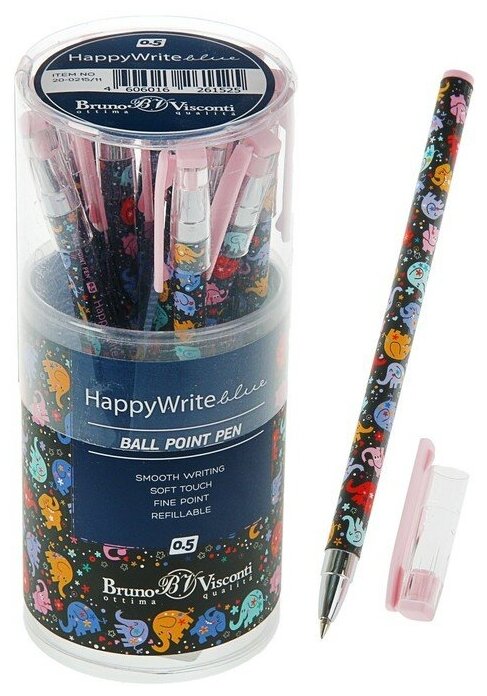 Ручка шариковая HappyWrite "Разноцветные слоники", узел 0.5 мм, синие чернила, матовый корпус Silk Touch