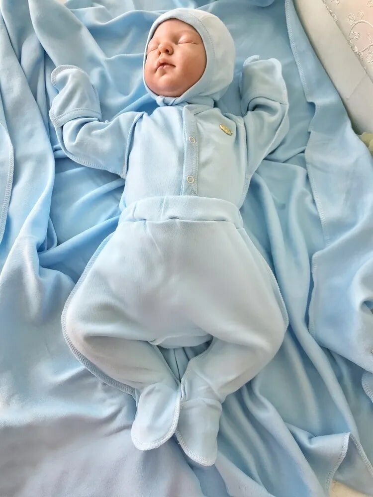 Комплект на выписку для мальчика, комплект для новорожденного, 4 предмета (боди, ползунки, чепчик, пеленка), цвет голубой
