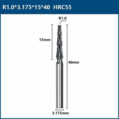 Фреза спиральная двухзаходная конусная сферическая XCAN 1,0х15х3,175х40 мм, покрытие TiALN фреза спиральная двухзаходная конусная сферическая xcan 1 0х20х6х50 мм нано синее покрытие