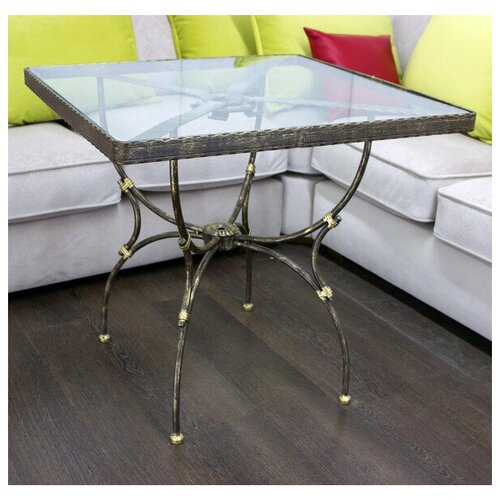 GRUPPO 396 Стол обеденный кованый Прованс со стеклянной столешницей, квадратный 800мм*800мм h750мм