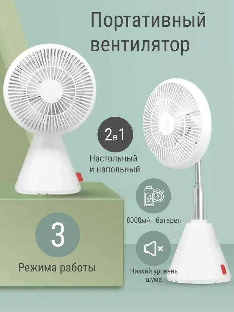 Вентилятор 2в1 настольный + напольный, портативный, поворотный вентилятор FS03, белый - фотография № 1