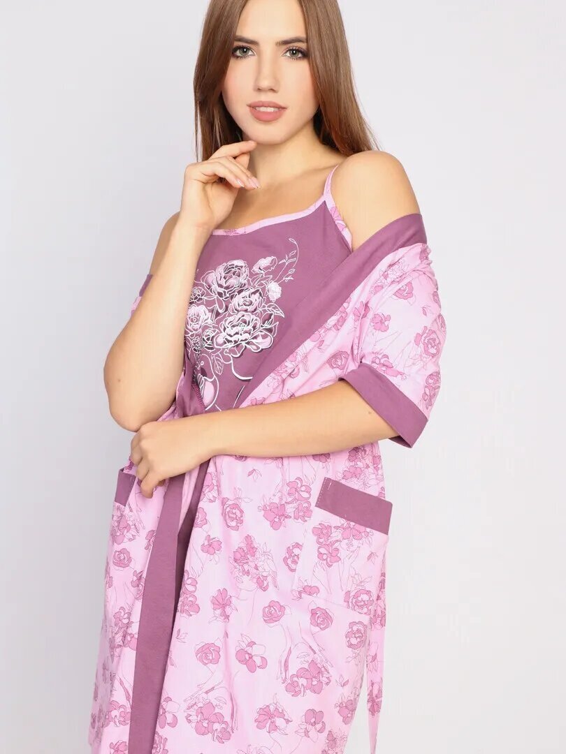 Комплект Style Margo, сорочка, халат, укороченный рукав, пояс, размер 48, розовый - фотография № 4