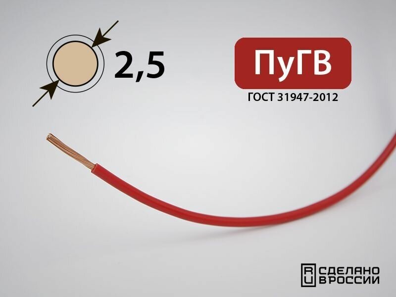 Провод силовой электрический ПуГВ 1x2.5кв. мм (РФ, ГОСТ) (10 метров)