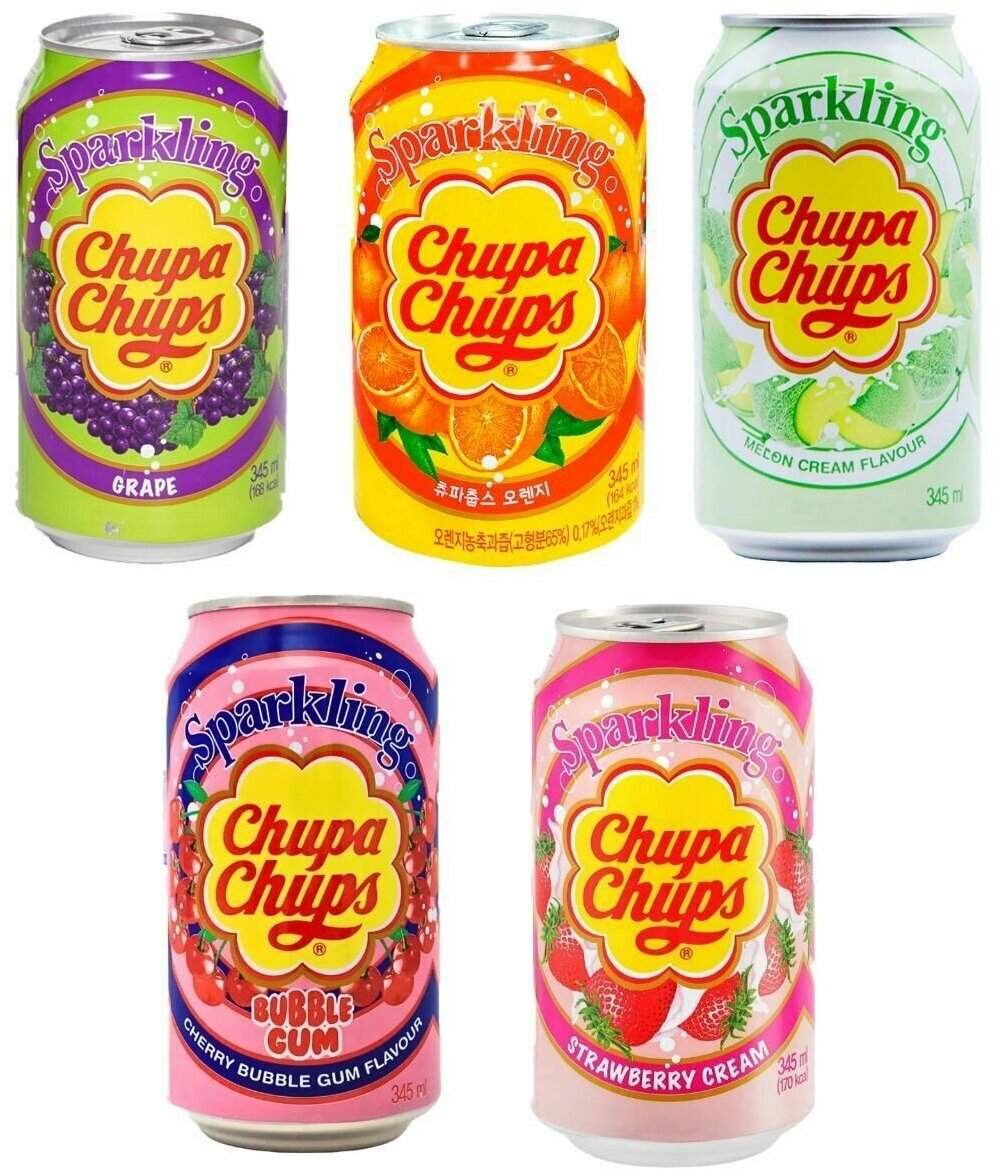Газированный напиток Chupa Chups, Чупа Чупс с 5 разными вкусами, Mix, 5 банок по 345 мл