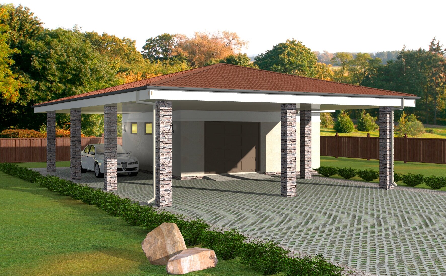 Проект - Одноэтажный гараж на две машины с мастерской и большим навесом. Rg5056 - фотография № 1