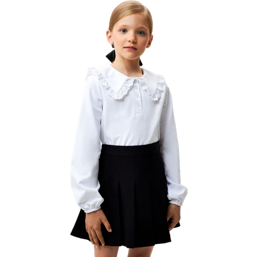 Школьная блуза Sela, прямой силуэт, на пуговицах, длинный рукав, однотонная, размер 122, белый