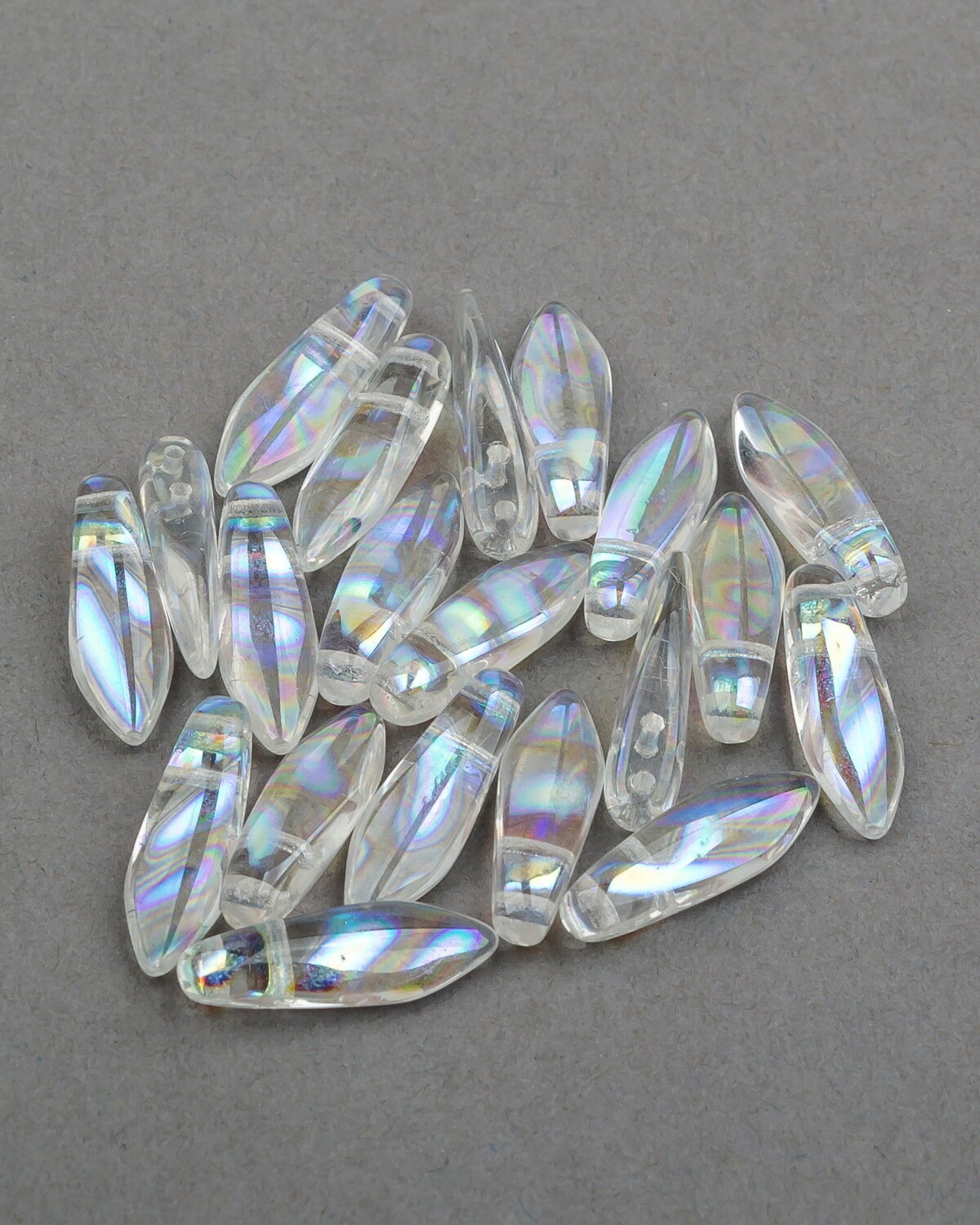Стеклянные чешские бусины с двумя отверстиями, 2-hole Glass Dagger, 5х16 мм, цвет Crystal AB Stripes, 20 шт.