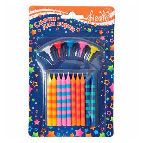 Свечи для торта Fiesta Полосатые неон с подставкой 6 см 10 шт 400₽