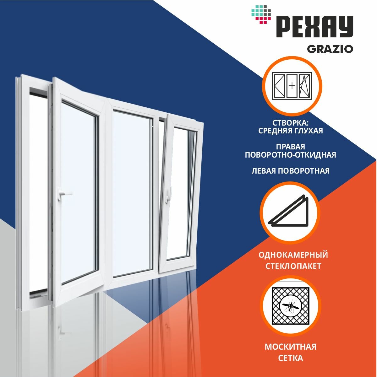 фото Окно однокамерное 1650x800 мм трехстворчатое: средняя створка глухая, правая створка повортоно откидная, левая поворотная с москитной сеткой GRAZIO