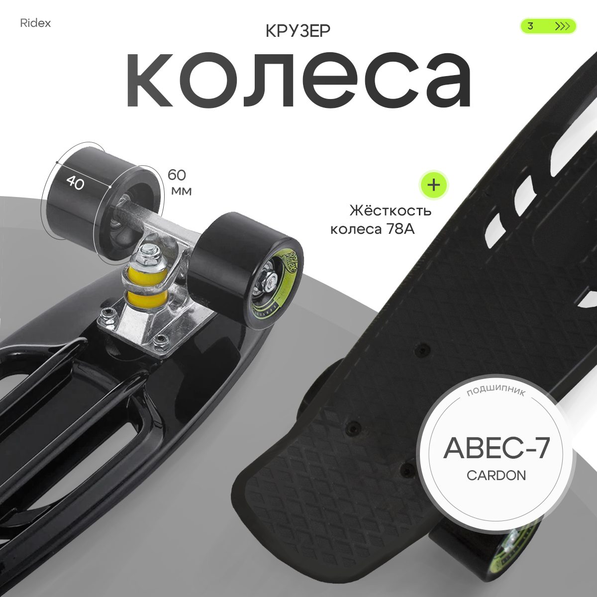 Круизер Ridex Night ш.6" дл.22" ABEC 7 кол.:60х40мм черный (УТ-00018608) - фото №18