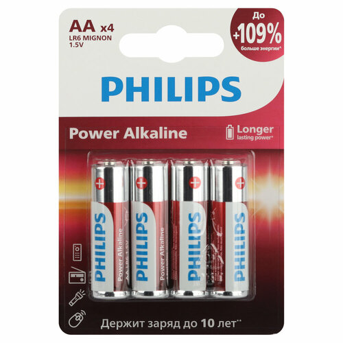 Батарейка Philips Power АА пальчиковая LR6 15 В 4 шт Б0062746 660₽