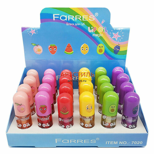 Блеск - масло для губ Farres 7020 Magic Fruit, уп-ка 24 шт (6 вкусов по 4 шт.)
