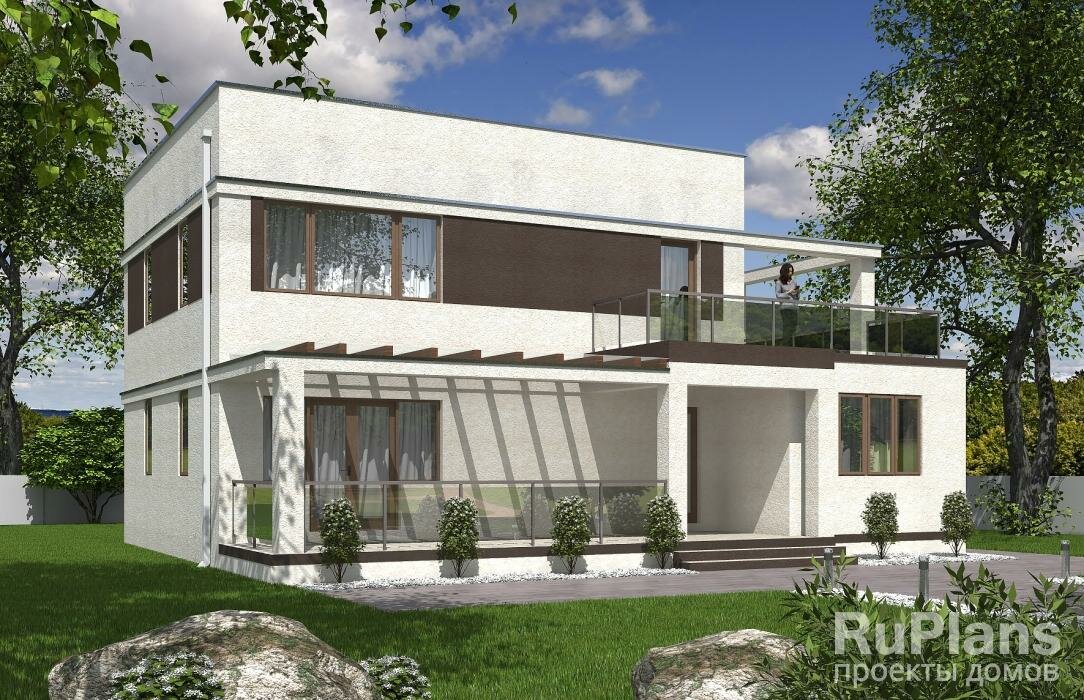 Проект двухэтажного дома с террасами (160 м2, 14м x 11м) Rg5370