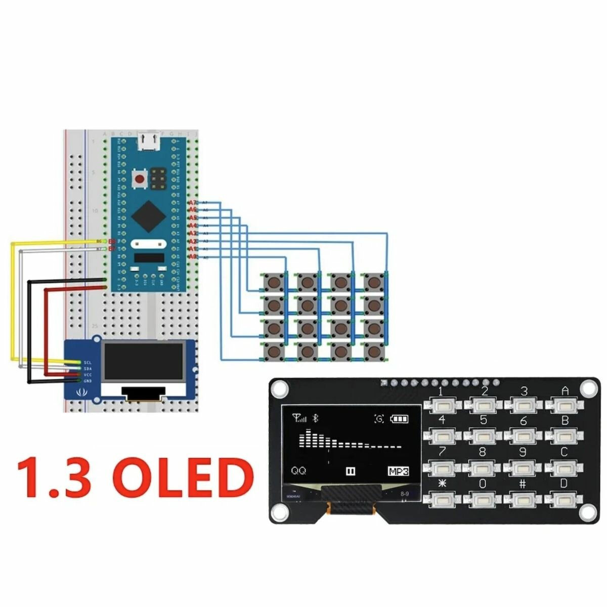 OLED модуль 1,3 дюйма +16 кнопок, белый OLED-дисплей IIC 128X64 I2C SSD1306 12864 для Arduino — фото 1