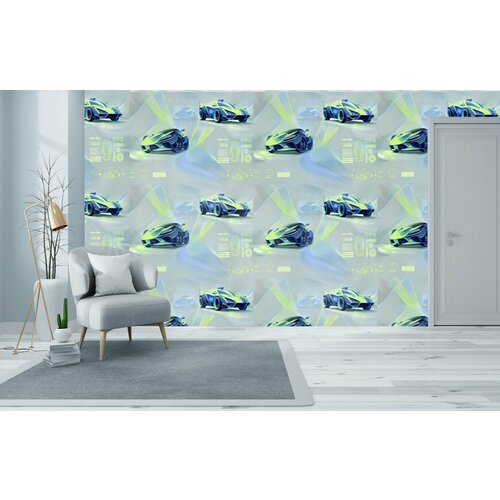 Обои светящиеся в темноте виниловые гоночные машины 103 тачки УФ-свечение 1,06*10м, метровые для мальчика в бар в клуб серые в комнату на стены