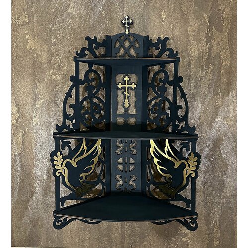 Иконостас с голубями деревянный угловой, большая полка для икон 2 яруса размер 60*35 см