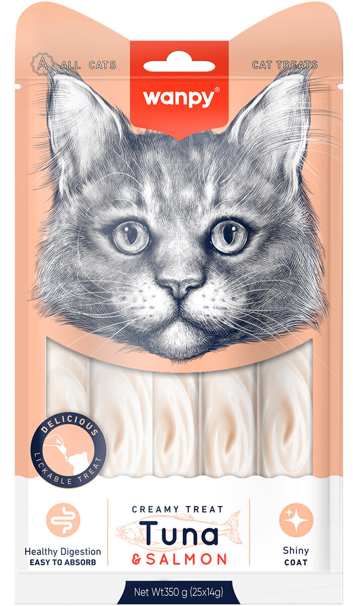 Лакомство WANPY CAT для кошек нежное пюре с тунцом и лососем 350 гр 14 гр х 25 шт