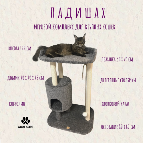 Изображение товара Игровой комплекс когтеточка для Мейн-куна Моя Котя "Падишах" с хлопковыми столбиками, цвет темно-серый .