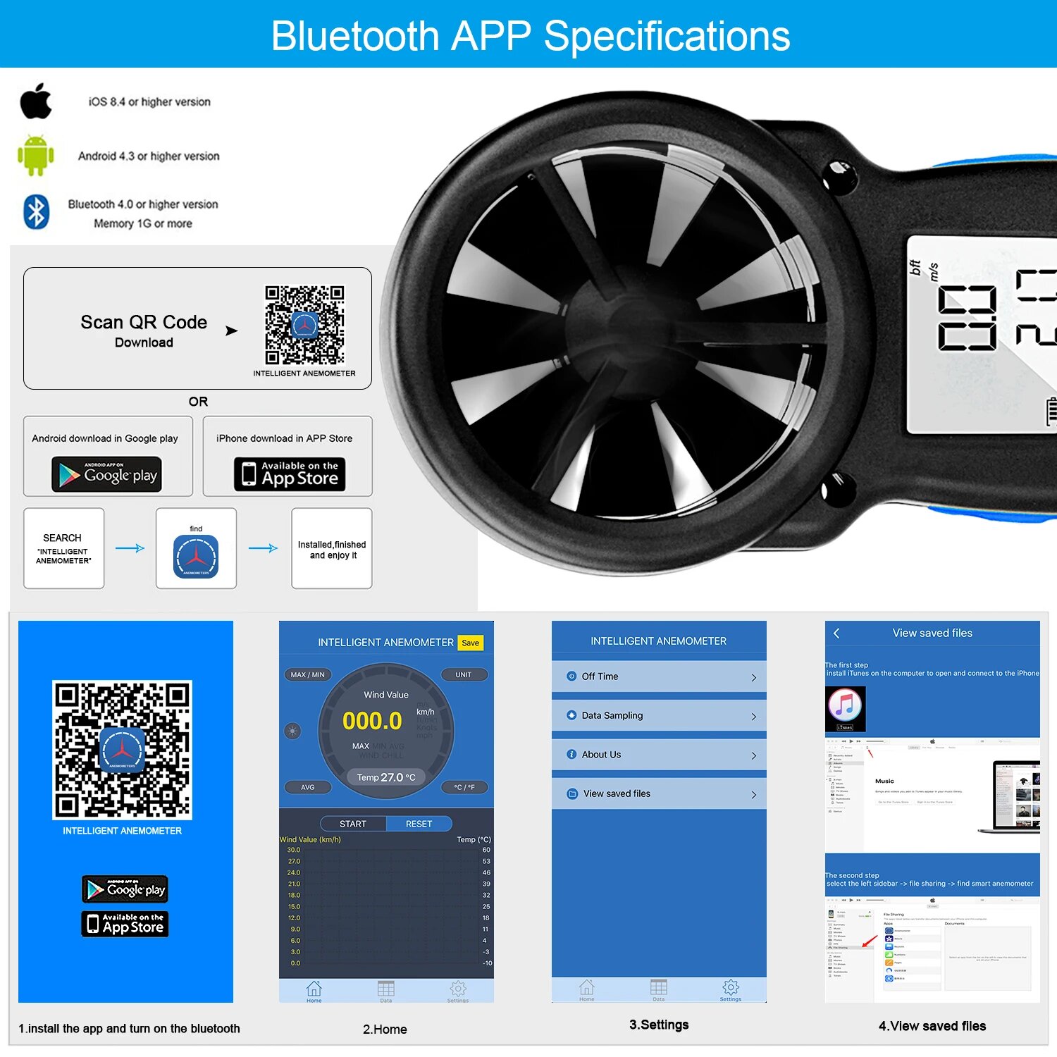 Анемометры И Балометры Цифровой анемометр HoldPeak HP-866B-APP