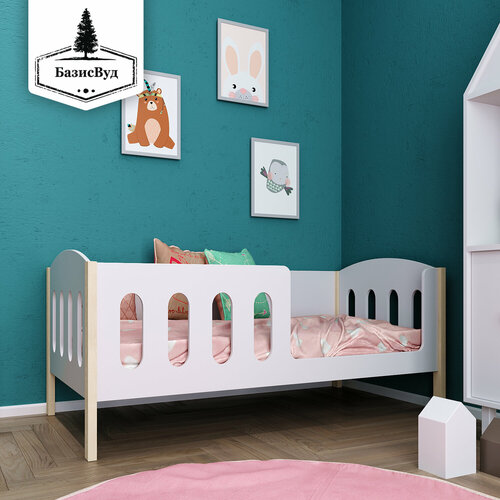 Кровать детская с бортиком 160х80, классик, БазисВуд, вход справа, ножки массив сосны, цвет натуральное дерево