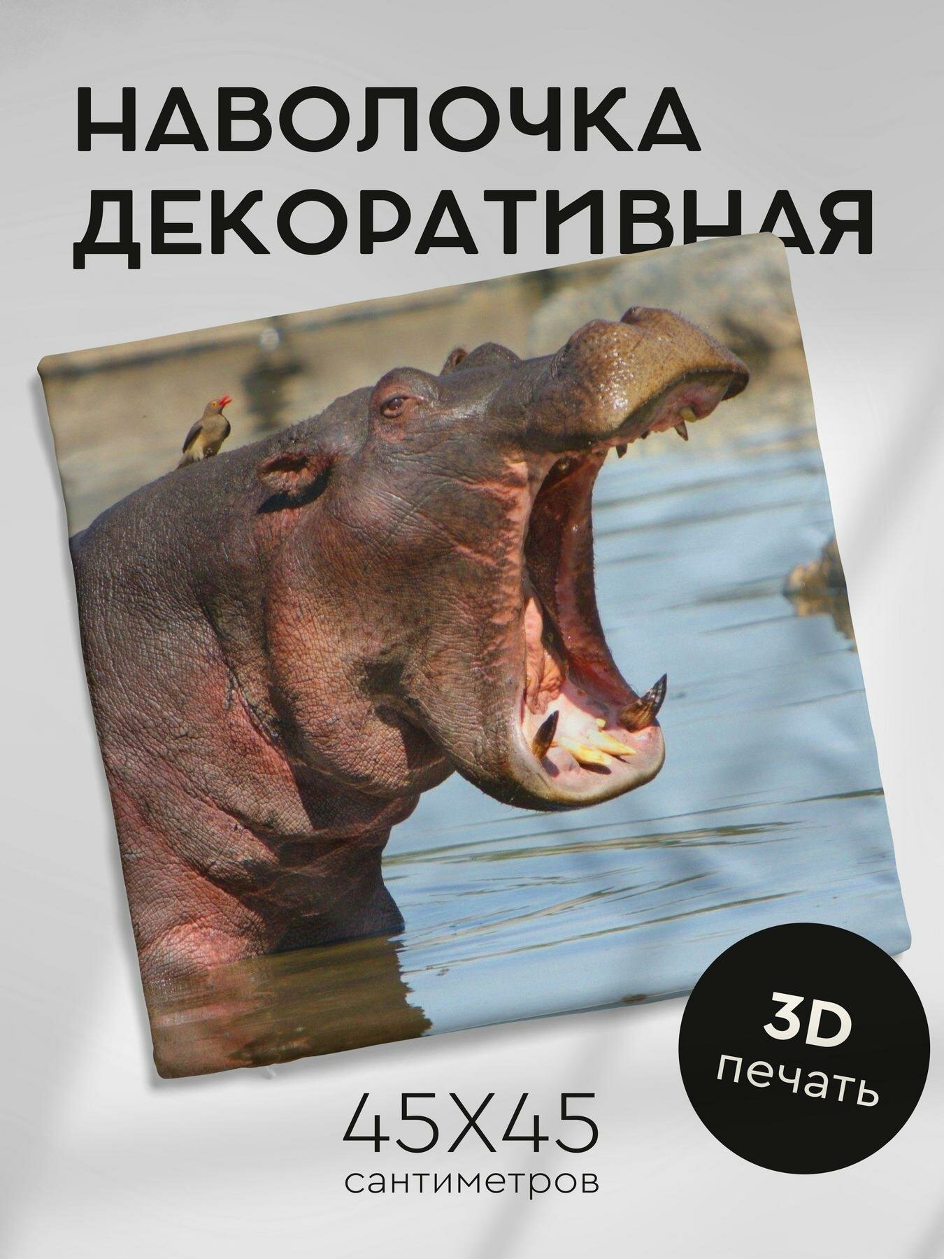 Наволочка декоративная 45х45см / бегемот / пасть / злость