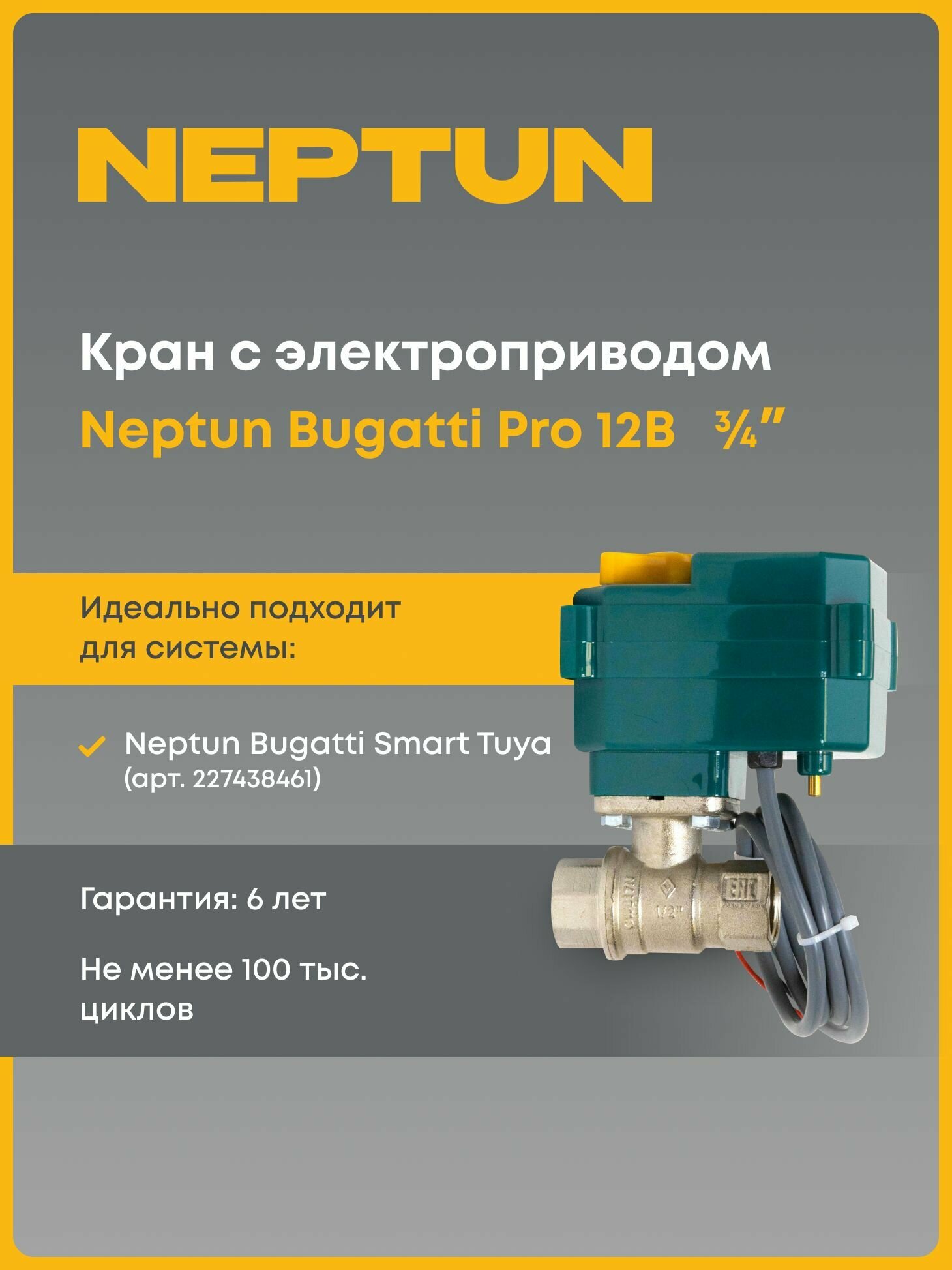 Кран шаровой с электроприводом Neptun Bugatti Pro 12В 3/4 Нептун Бугатти — фото 1