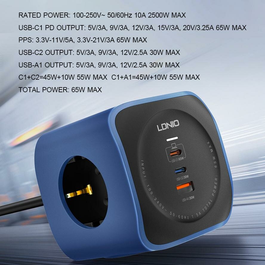 Сетевой фильтр удлинитель LDNIO SC3338 длиной 2 метра. 3 розетки + 2 порта USB-C и 1 порт USB -A — фото 1