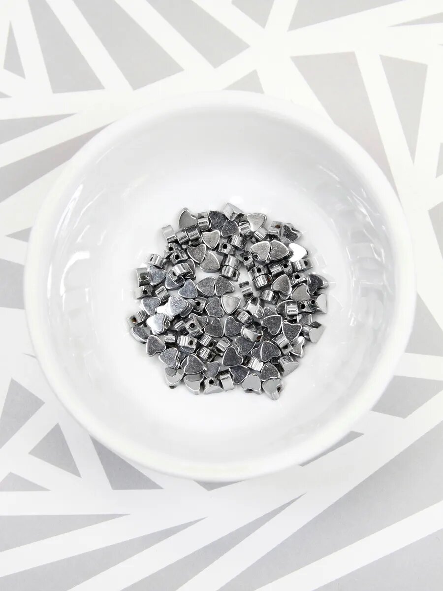 Гематин сердечки -серебро - 3.5 мм, нить 20 см (около 55 шт) — фото 1